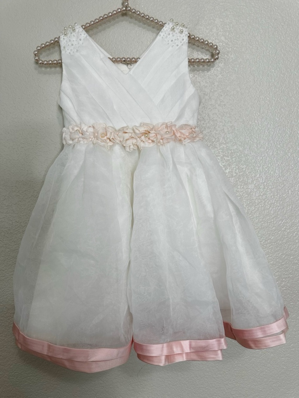 Girls Size 7-8 White Pink Formal Floral Pearl Pleated Lace Dress
